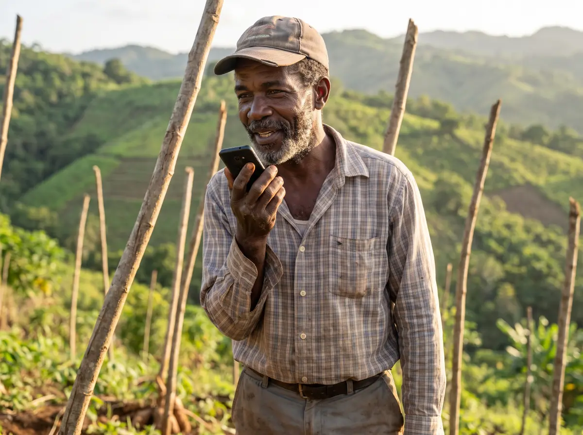 A farmer in a yam field asking a question into his phone