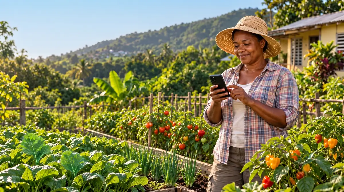 A farmer in a straw hat checking her phone in her backyard garden of tomatoes, peppers and callaloo