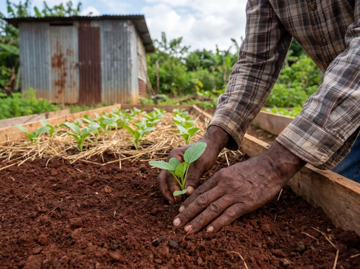 A farmer's hands setting a callaloo seedling into red soil