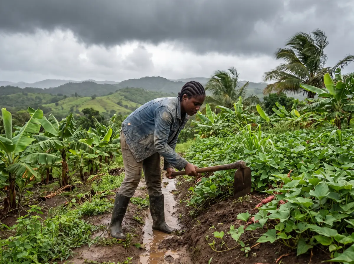 A farmer clearing a drain between crop rows under heavy rain clouds